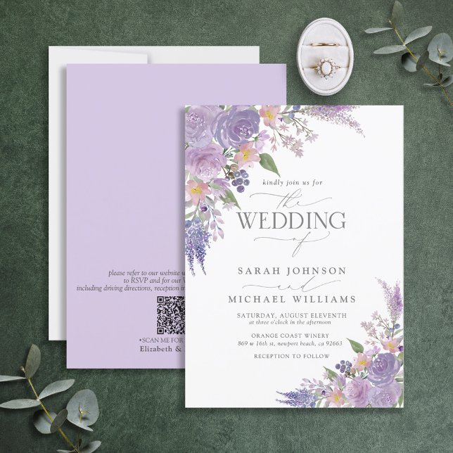Convites Código QR Lavanda Lilac Casamento Floral de Script (Criador carregado)