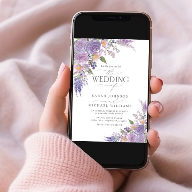 Convites Código QR Lavanda Lilac Casamento Floral de Script (Criador carregado)