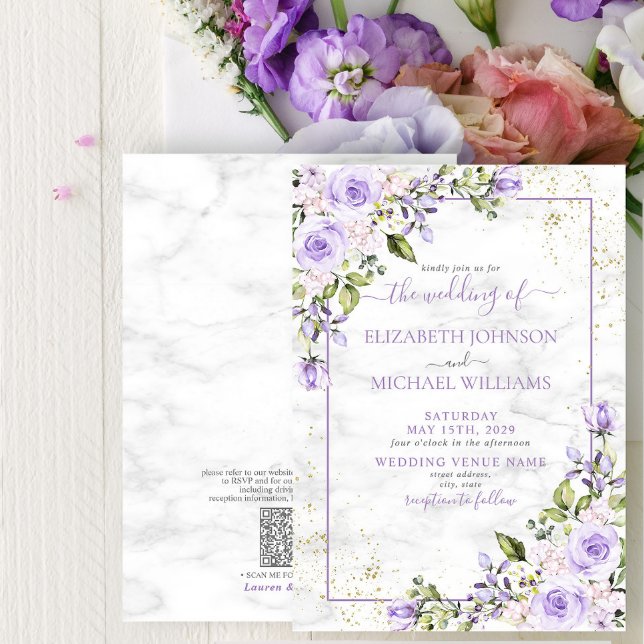 Convites Código QR Lavanda Lilac Casamento Floral Dourado M (Criador carregado)