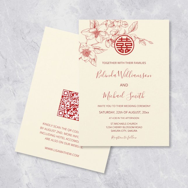 Convites Código QR | Magnolia Red Cream Chinese Wedding (Criador carregado)