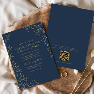 Convites Código QR Marinho  Azul Dourado Casamento Mínimo