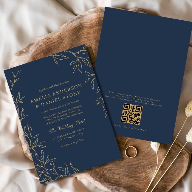Convites Código QR Marinho  Azul Dourado Casamento Mínimo (Criador carregado)