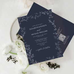 Convites Código QR Marinho Legante Casamento Mínimo de Folh