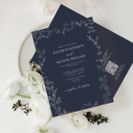Convites Código QR Marinho Legante Casamento Mínimo de Folh