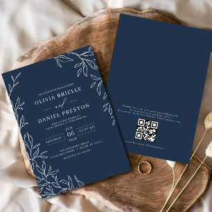 Convites Código QR Marinho Moderno Casamento Mínimo de Folh