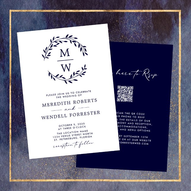Convites Código QR Marinho RSVP Casamento de Terra Azul Mon (Navy Blue Monogram Wreath QR Code RSVP Double Sided Wedding Invitation)