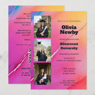 Convites 🎓 Código QR Mármore Arco-Íris Rosa Festa de Forma