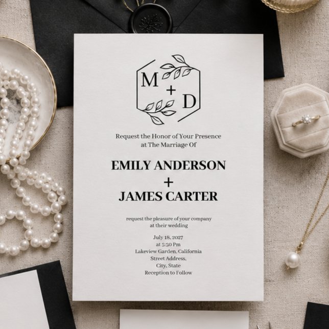 Convites Código QR Minimal Monograma Botânico Casamento  (black and white monogram elegant wedding invitation)