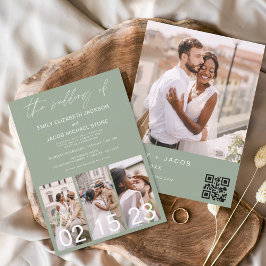 Convites Código QR Minimalista de Casamento Verde Sage