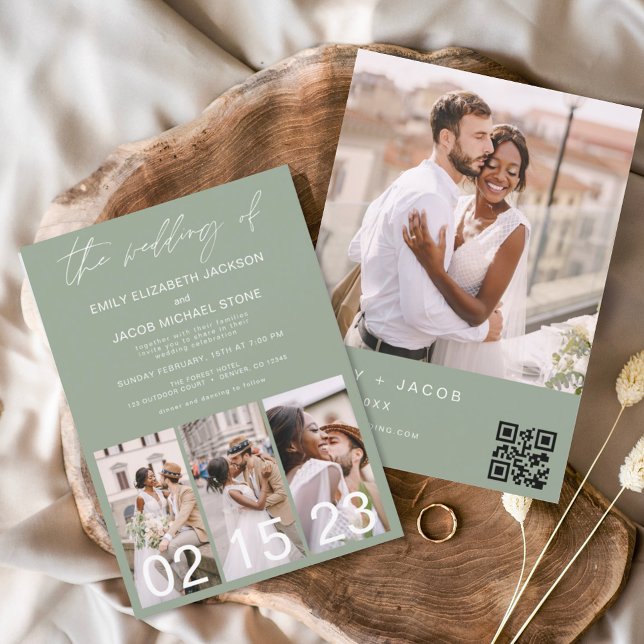 Convites Código QR Minimalista de Casamento Verde Sage (Criador carregado)