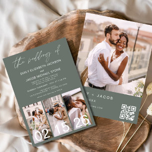 Convites Código QR Minimalista de Casamento Verde Sage