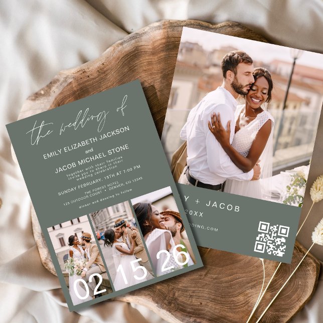 Convites Código QR Minimalista de Casamento Verde Sage (Criador carregado)