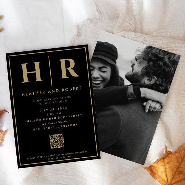 Convites Código QR Mínimo Clássico Simples Monograma de Cas (Criador carregado)