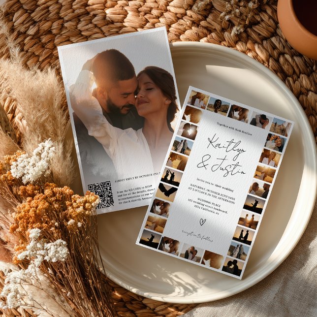 Convites Código Qr moderno Casamento mínimo 29 Foto em Grad (Modern Qr code Minimal 29 Photo Grid Wedding Invitation)