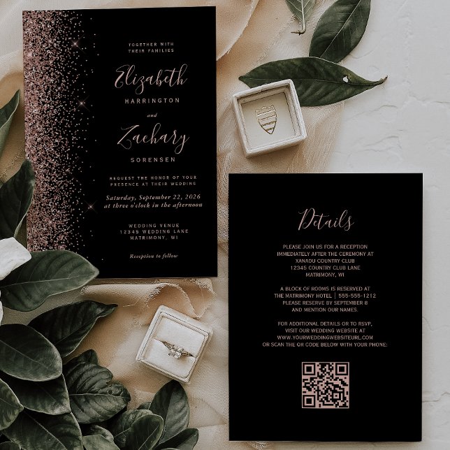 Convites Código QR Moderno de Casamento com Brilho em Ouro  (Criador carregado)