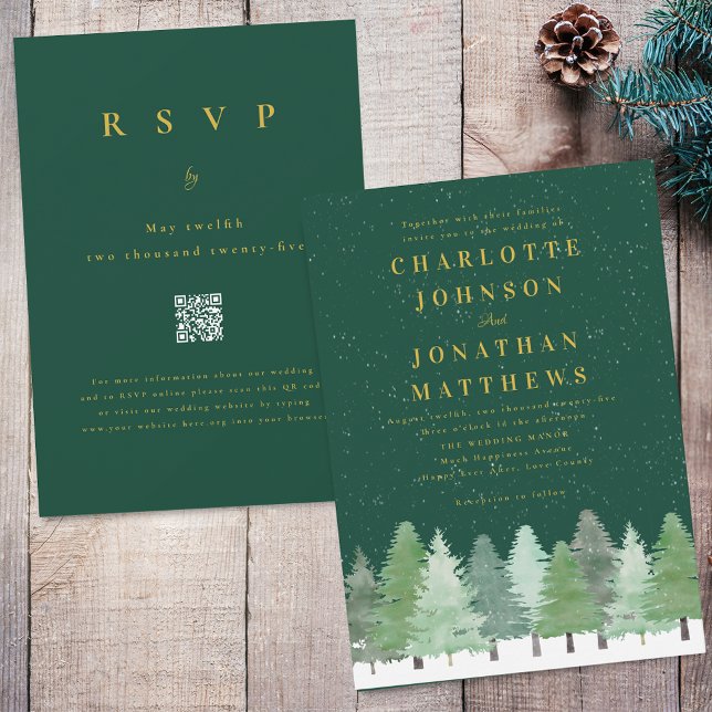 Convites Código QR Moderno de Casamento de Inverno em Verde (Modern Woodland forest dark green and gold wedding qr code invitation)