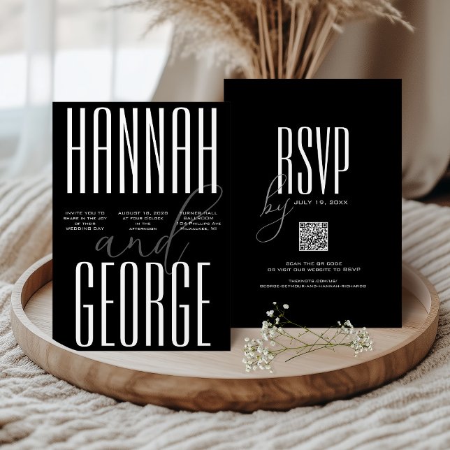 Convites Código QR Moderno e Ousado em Preto e Branco para  (Unique black and white wedding invitation with script and large bold typography minimalist QR Code )