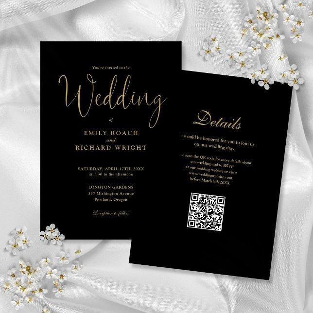 Convites Código QR Moderno Elegante Casamento Dourado e Pre (Elegant Modern QR Code Black And Gold Wedding Invitation)