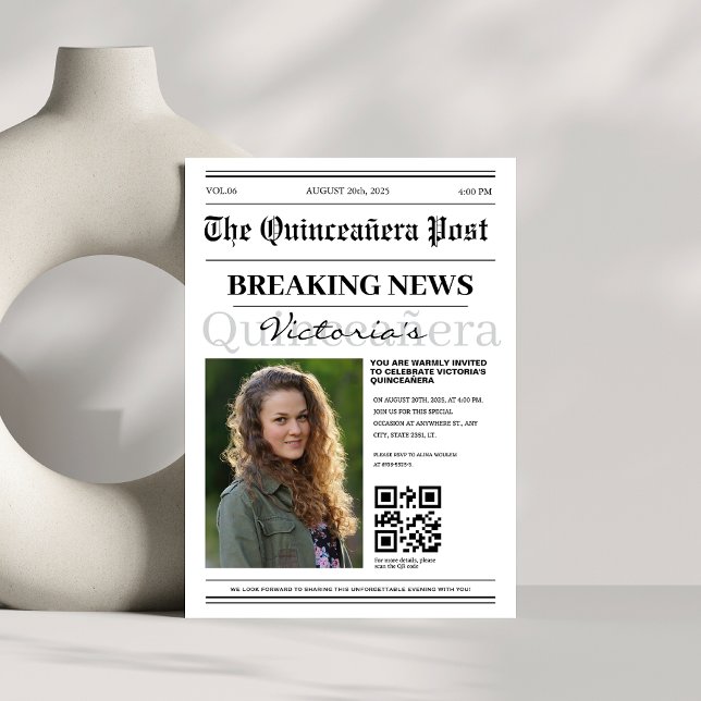 Convites código qr moderno Jornal Quinceañera (Criador carregado)