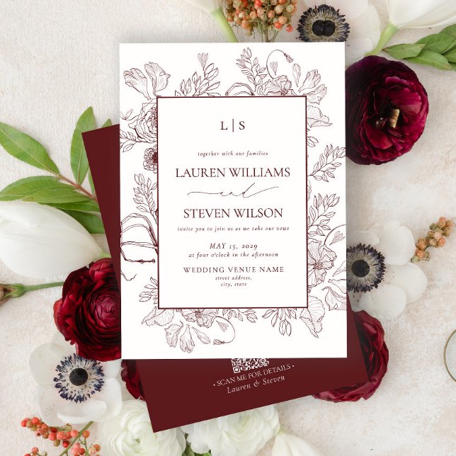 Convites Código QR Monograma Burgundy Floral Art Casamento (Criador carregado)