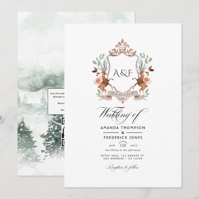 Convites Código QR Monograma Crista de Louro da Floresta Ca (Frente/Verso)