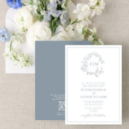 Convites Código QR Monograma Formal de Folha Azul de Folha