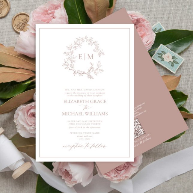 Convites Código QR Monograma Formal Dusty Rosa Leafy Crest (Criador carregado)