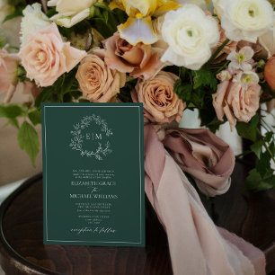 Convites Código QR Monograma Formal Emerald Green Leafy Cre