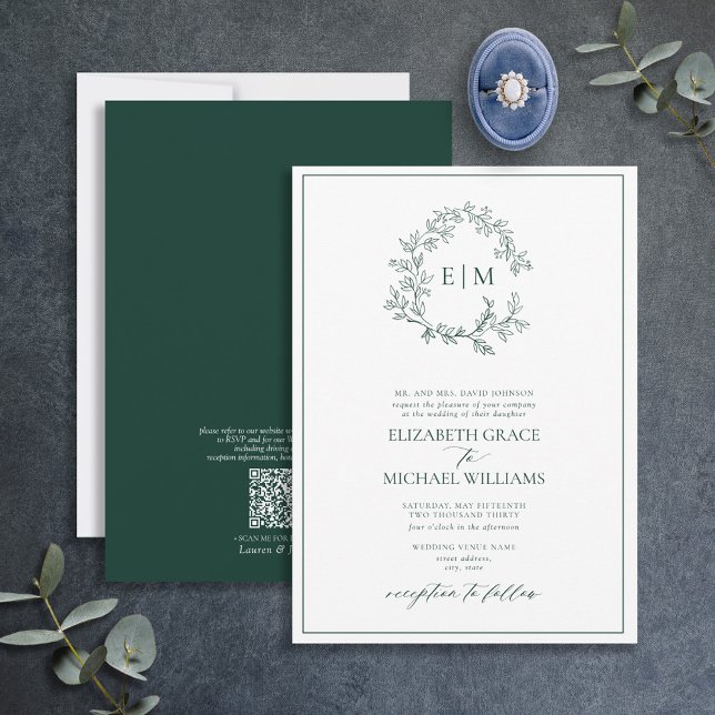 Convites Código QR Monograma Formal Emerald Green Leafy Cre (Criador carregado)