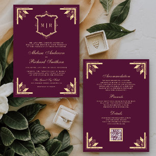 Convites Código QR Monograma Gold Crest Roxo Ameixa Casamen