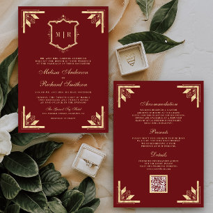 Convites Código QR Monograma Gold Crest Vermelho Marrom Cas