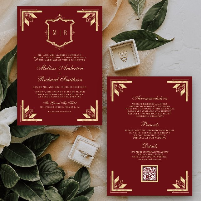 Convites Código QR Monograma Gold Crest Vermelho Marrom Cas (Criador carregado)