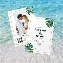 Convites Código QR Monstera Tropical Deixa Dourada praia de