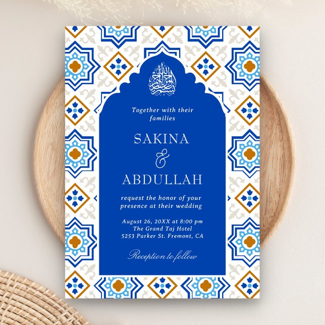 Convites Código QR Mosaico Persa Azul Azure Casamento Muçul (Criador carregado)