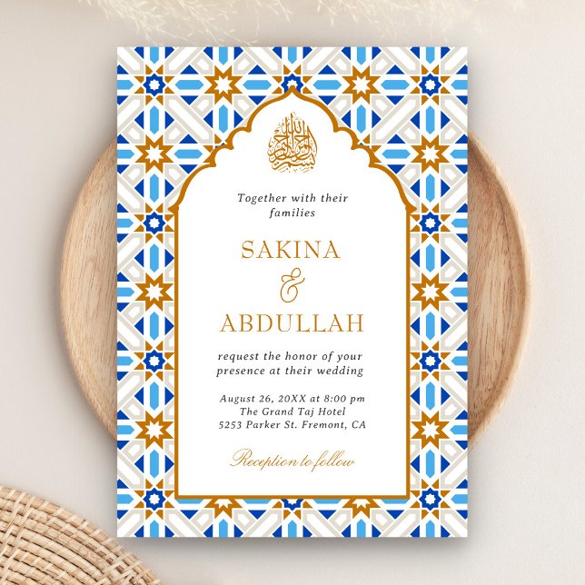 Convites Código QR Mosaico Persa Azul Marrom Casamento Muçu (Criador carregado)