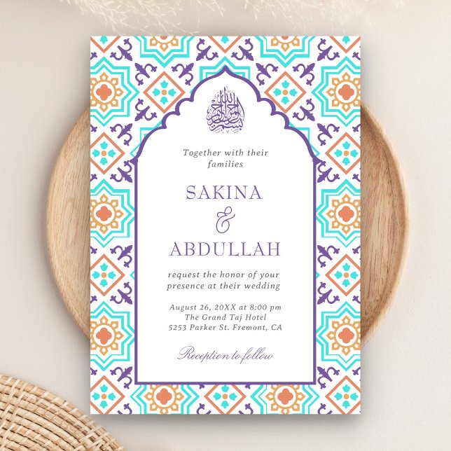 Convites Código QR Mosaico Persa Roxo Turquesa Casamento Mu (Criador carregado)