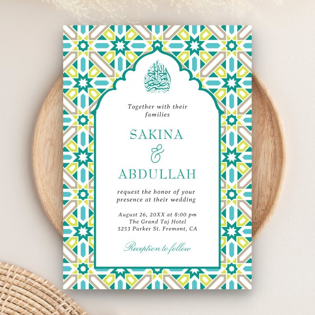 Convites Código QR Mosaico Persa Verde Hortelã Casamento Mu (Criador carregado)