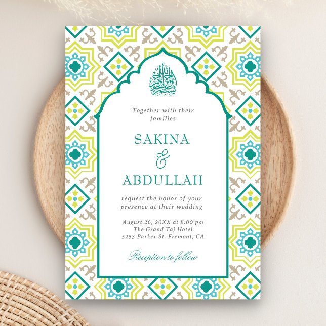 Convites Código QR Mosaico Persa Verde Turquesa Casamento M (Criador carregado)