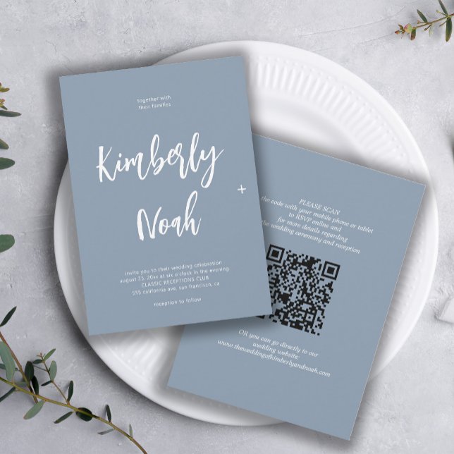 Convites Código QR nomes simples script dusty blue casament (Criador carregado)