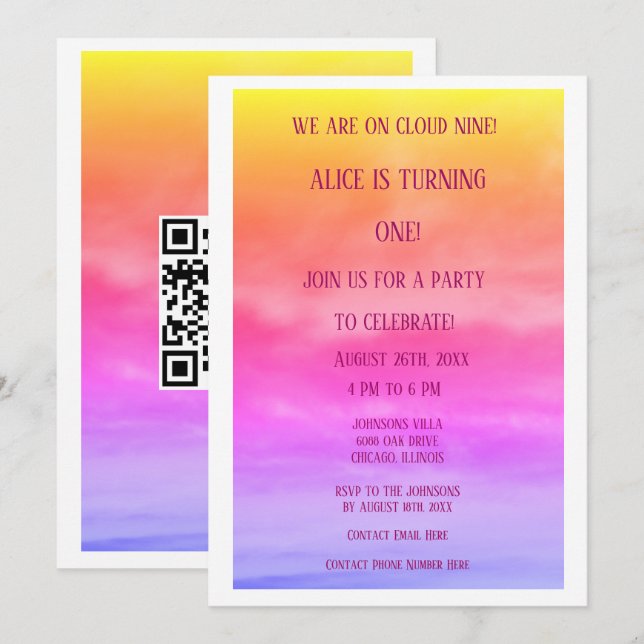 Convites Código QR Nuvem Nove Meninas Festa de Aniversário  (Frente/Verso)