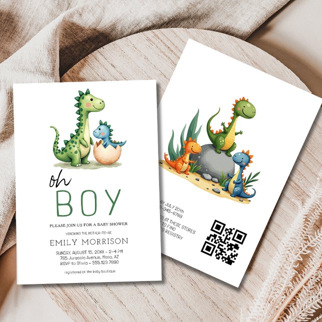 Convites Código QR Oh Boy Dinosaur Baby Boy Chá (Criador carregado)