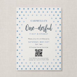 Convites Código QR One-derful Azul com Bolinhas Primeiro An