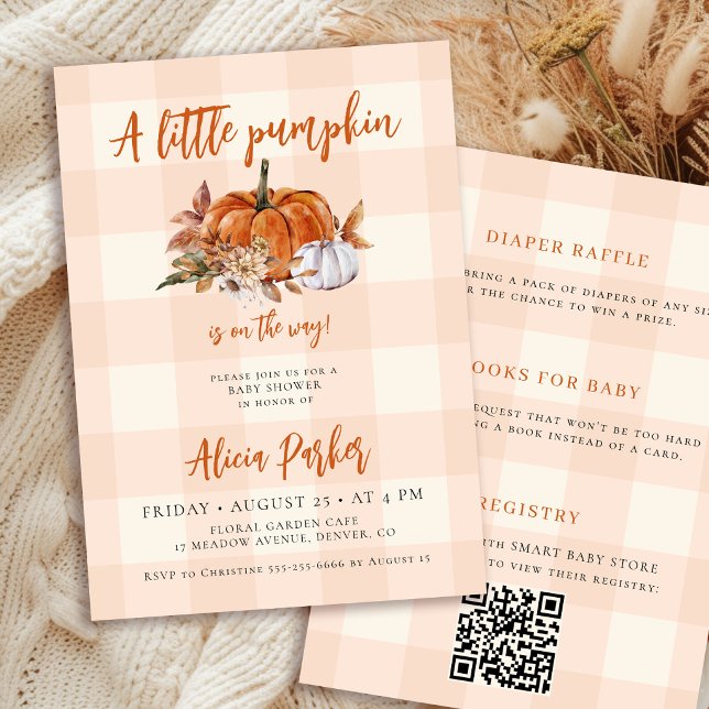 Convites Código QR outono xadrez abóbora baby shower (Criador carregado)