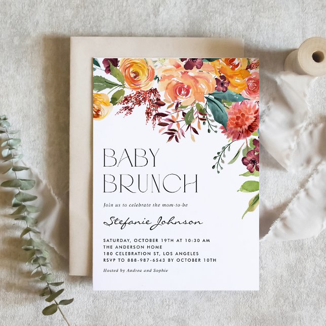 Convites Código QR para Brunch de Bebê Floral em Aquarela d (A sweet autumn baby brunch is on the way! Floral baby brunch QR code invitation.)