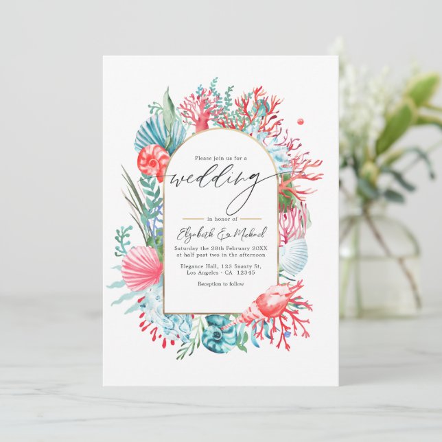 Convites Código QR para Casamento à Beira-Mar em Tons de Tu (Em pé/Frente)