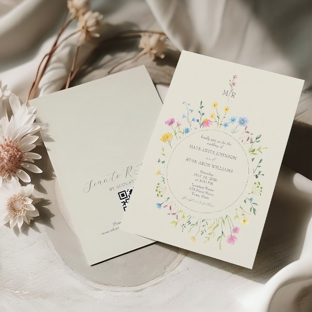 Convites Código QR para Casamento Boho com Flores Silvestre (Criador carregado)