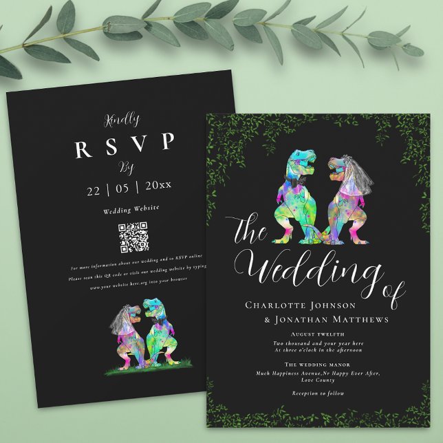 Convites Código QR para Casamento de Dinossauro Preto e Bra (Colorful T-Rex bride and groom funny dinosaur black and white wedding invitation)