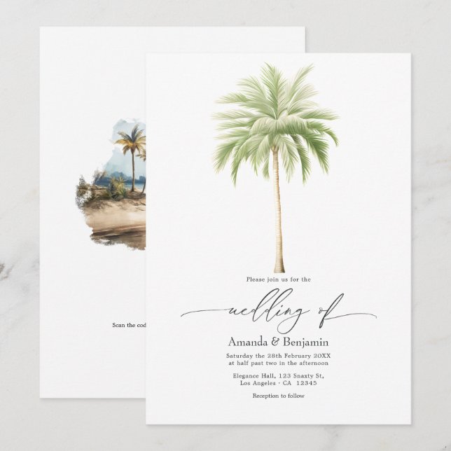 Convites Código QR para Casamento de Praia Coastal Chic (Frente/Verso)