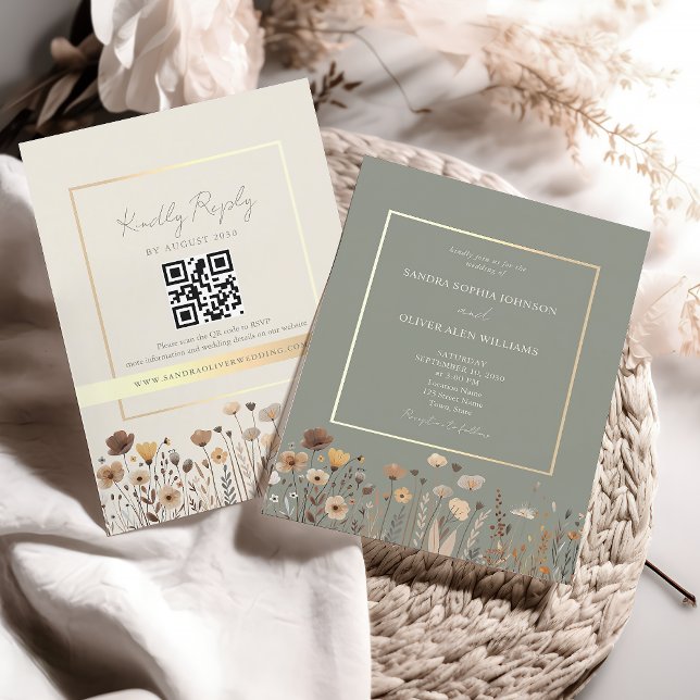 Convites Código QR para Casamento Verde Sage Boho (Criador carregado)
