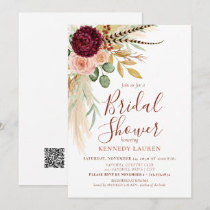 Convites Código QR para Chá de Bebê Floral Boho com Grama d